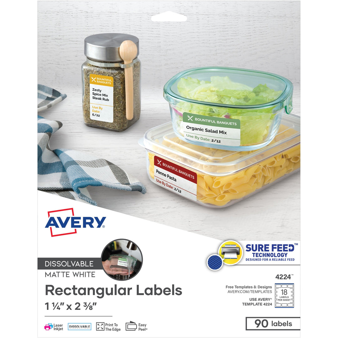 Image of Avery® White Dissolvable Labels w/ Sure Feed, 1.25 x 2.38, White, 90/PK