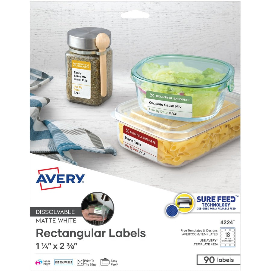 Image of Avery® White Dissolvable Labels w/ Sure Feed, 1.25 x 2.38, White, 90/PK