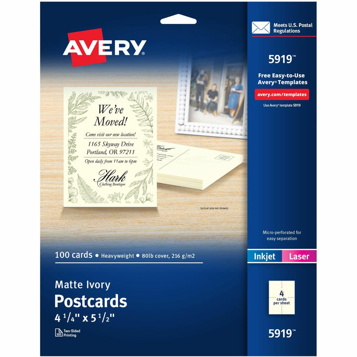 Image of Avery® Printable Postcards, Inkjet/Laser, 80 lb, 4.25 x 5.5, Matte Ivory, 100 Cards, 4 Cards/Sheet, 25 Sheets/Box