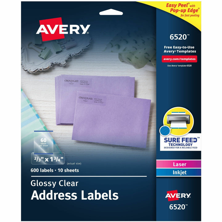 Image of Avery® Glossy Clear Easy Peel Mailing Labels W/ Sure Feed Technology, Inkjet/laser Printers, 0.66 X 1.75, 60/sheet, 10 Sheets/pk