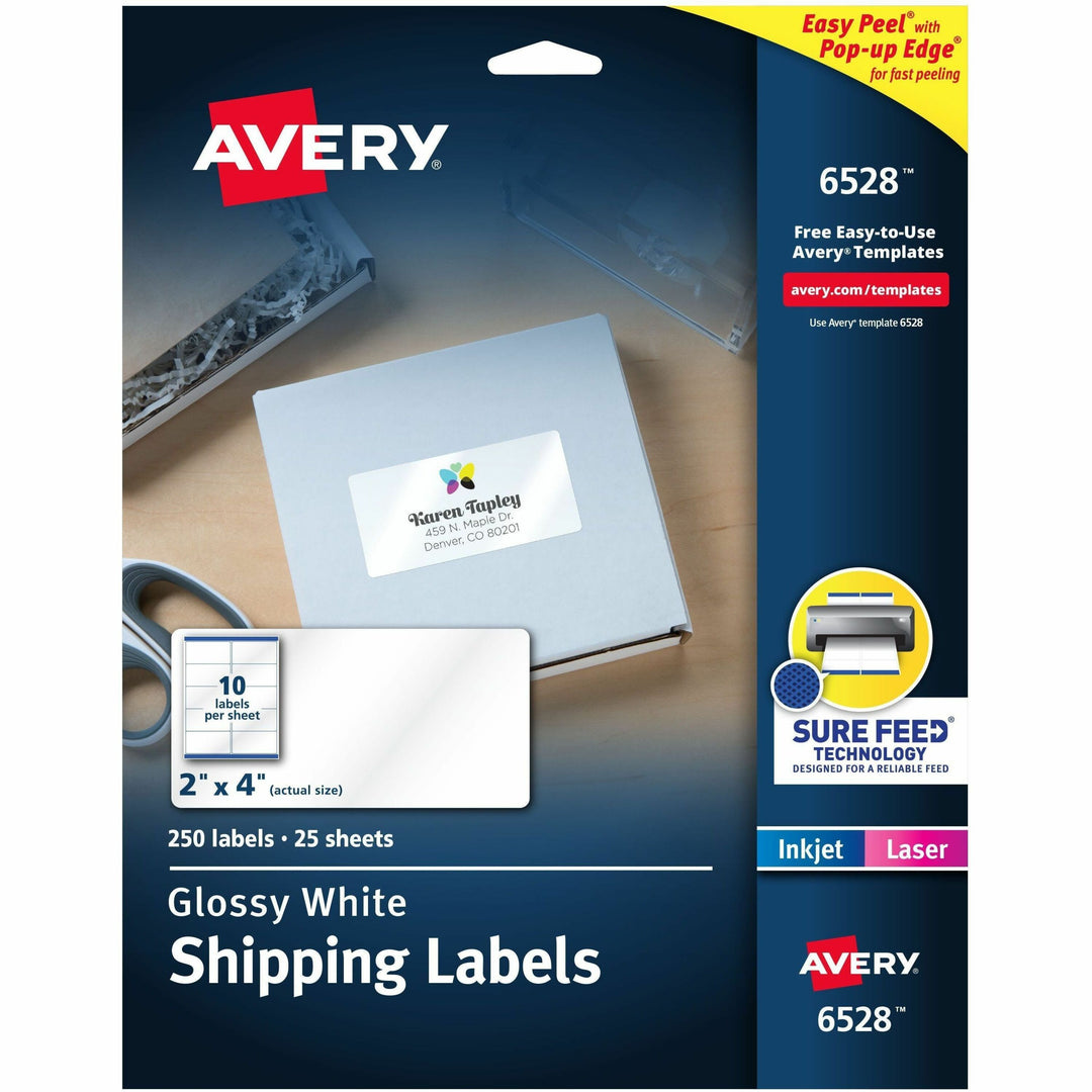 Image of Avery® Glossy White Easy Peel Mailing Labels W/ Sure Feed Technology, Laser Printers, 2 X 4, White, 10/sheet, 25 Sheets/pack
