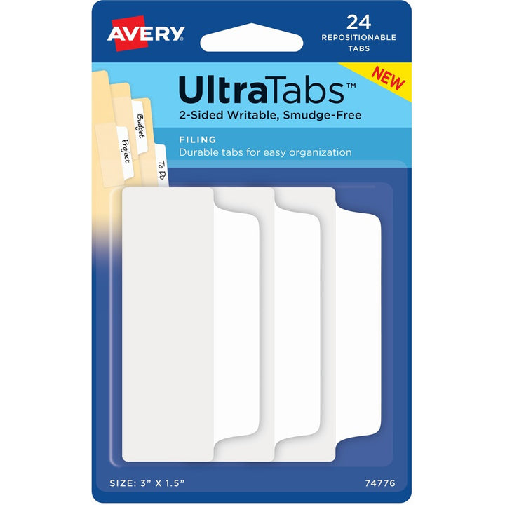 Image of Avery® Ultra Tabs Repositionable Tabs, Wide and Slim: 3" x 1.5", 1/3-Cut, White, 24/Pack