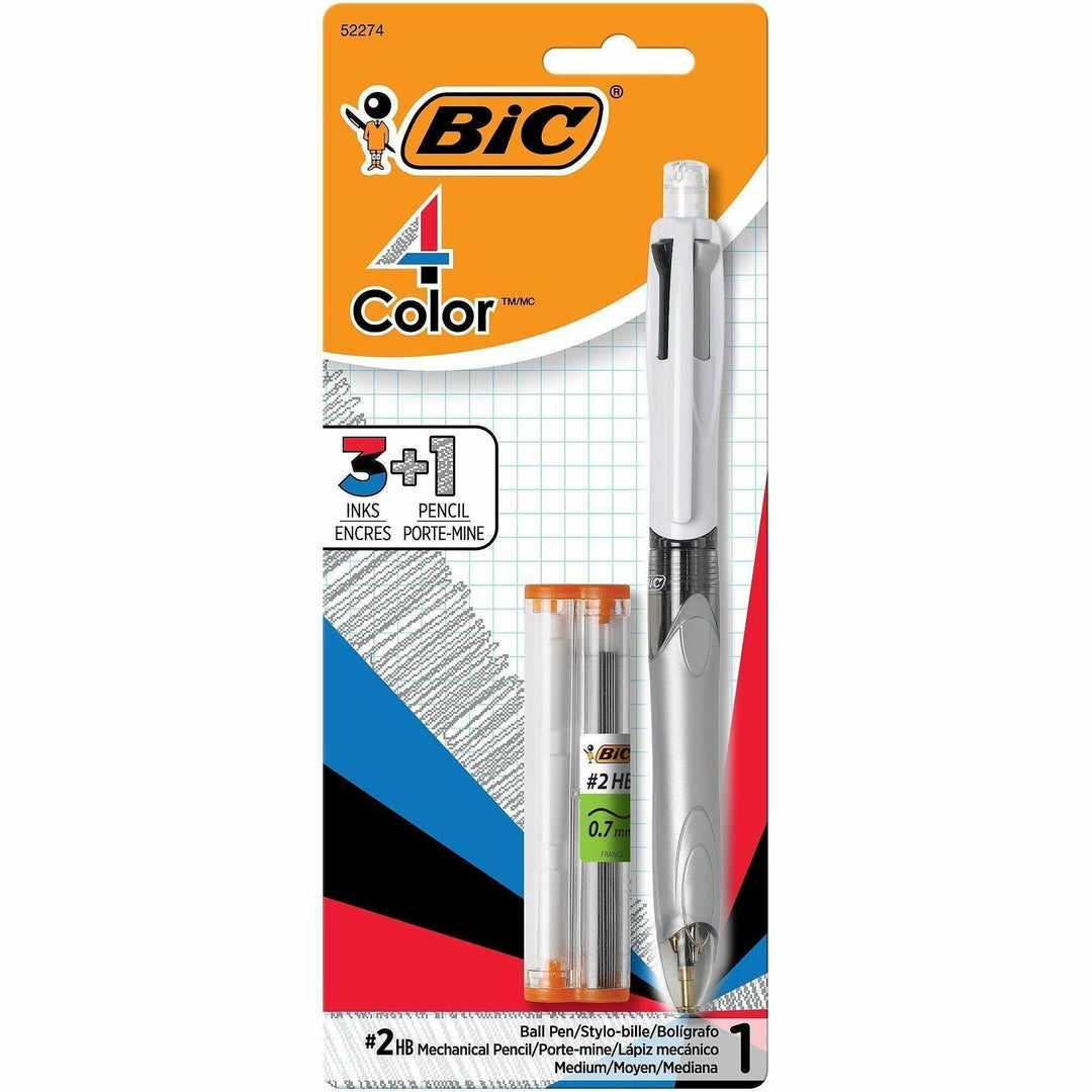 Image of BIC MMLP1AST 4-Color 3+1 Ball Pen and Pencil, Assorted Inks, 2HB Pencil Grade, 0.7 mm Lead Size, Assorted Ink, Assorted Lead, Retractable, 1 Pack