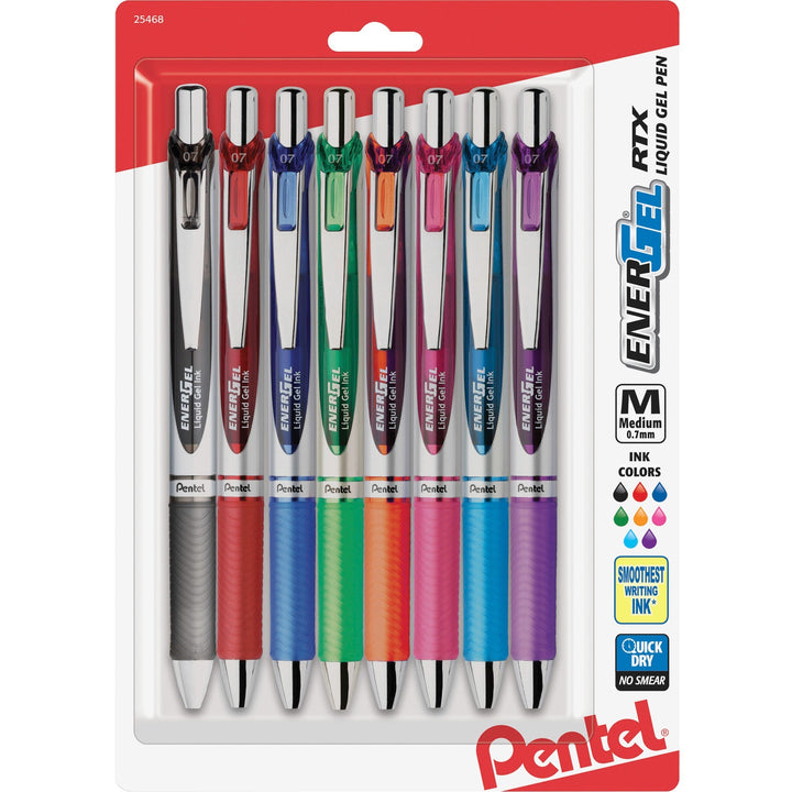 Image of Pentel® Gel Pen,Retractable,Metal Tip,.7mm,8/PK,AST Barrel/Ink