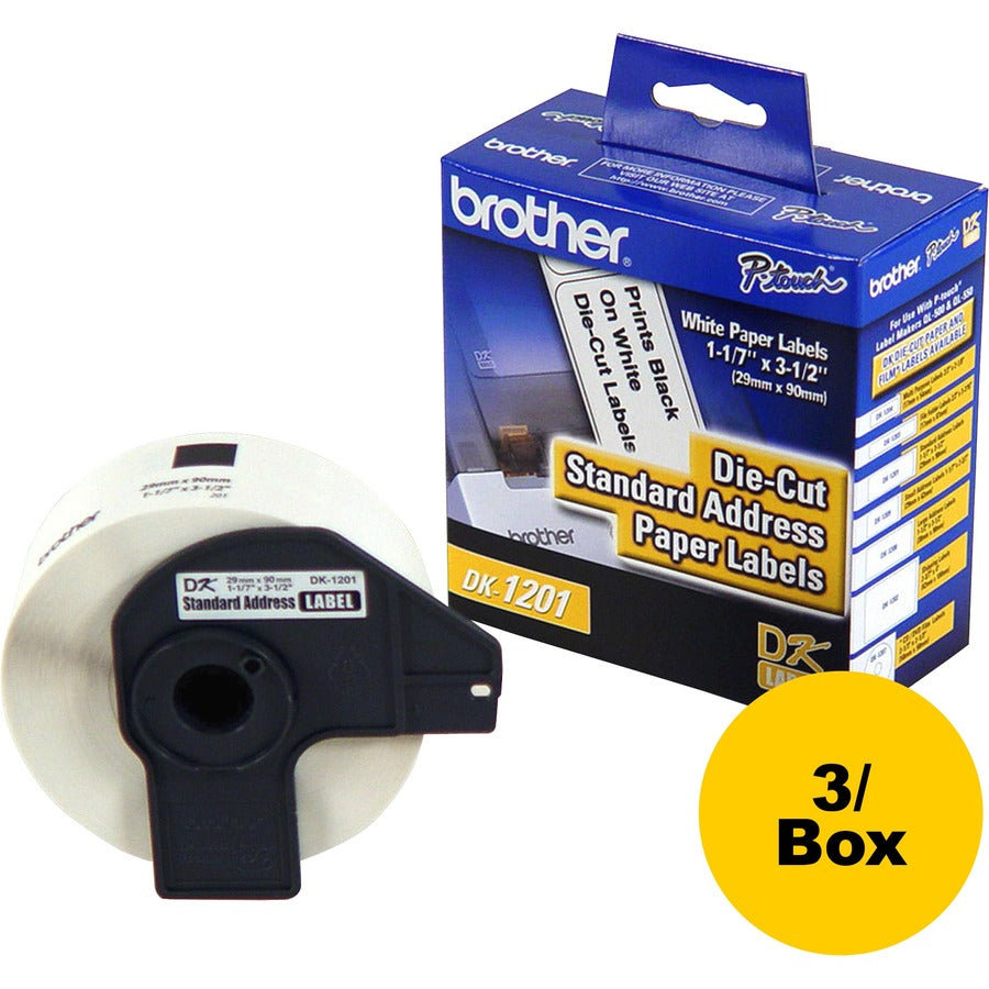 Image of Brother DK1201 Standard Address Paper Labels, 3 9/64" W x 1 9/64" Length, Direct Thermal, White, Paper, 400 / Roll, 3 / Box