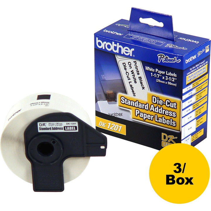 Image of Brother DK1201 Standard Address Paper Labels, 3 9/64" W x 1 9/64" Length, Direct Thermal, White, Paper, 400 / Roll, 3 / Box