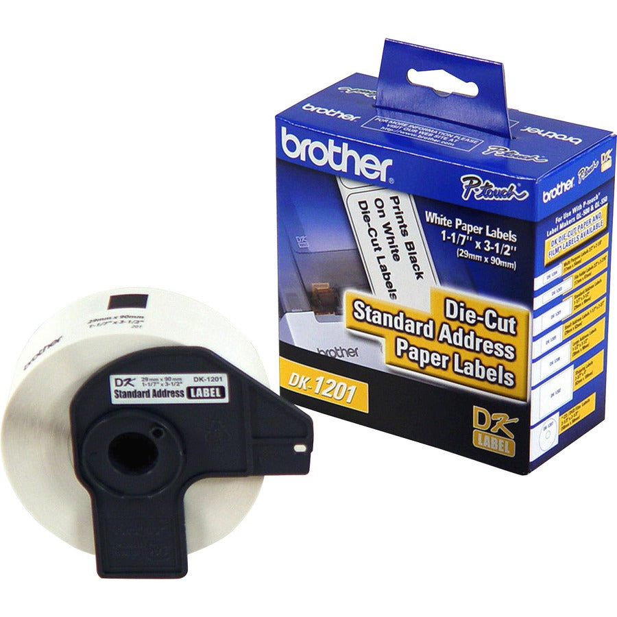 Image of Brother DK1201 Standard Address Paper Labels, 3 9/64" W x 1 9/64" Length, Direct Thermal, White, Paper, 400 / Roll, 3 / Box
