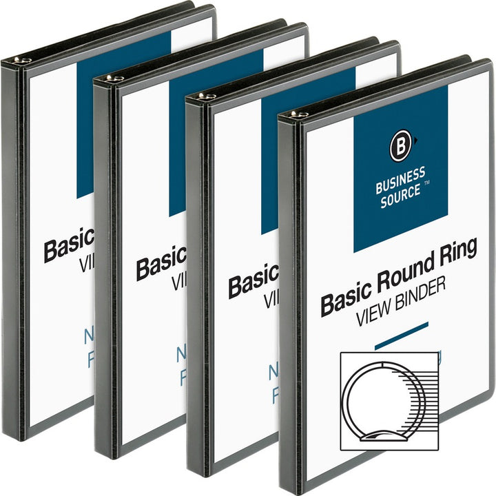 Image of Business Source View Binders, w/2 Inside Pockets, 1/2" Cap, 4/BD, Black