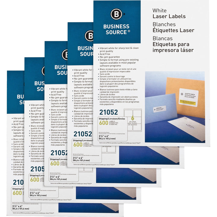 Image of Business Source Mailing Labels, Laser/Inkjet, 3-1/3"x4",600/PK,5PK/CT,WE