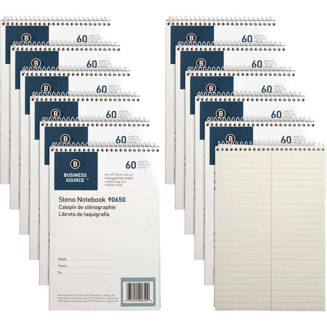 Image of Business Source Steno Notebooks, Gregg Ruled, 60 Sheets, 6"x9", 12/PK, Green