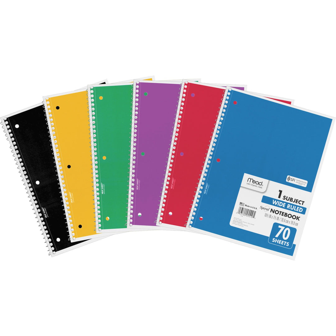 Image of Mead® Notebooks,1-Subject,Wide Rule,70 Sht,10-1/2"x8", 6/BD, AST