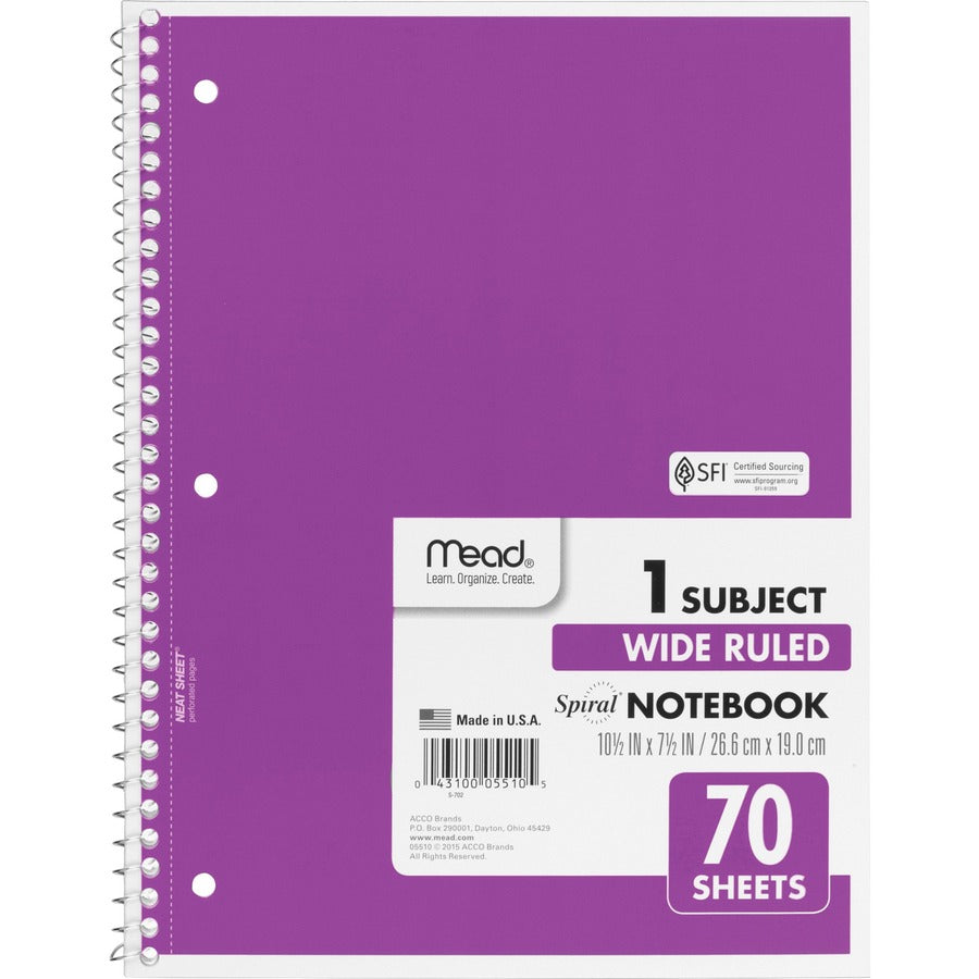 Image of Mead® Notebooks,1-Subject,Wide Rule,70 Sht,10-1/2"x8", 6/BD, AST