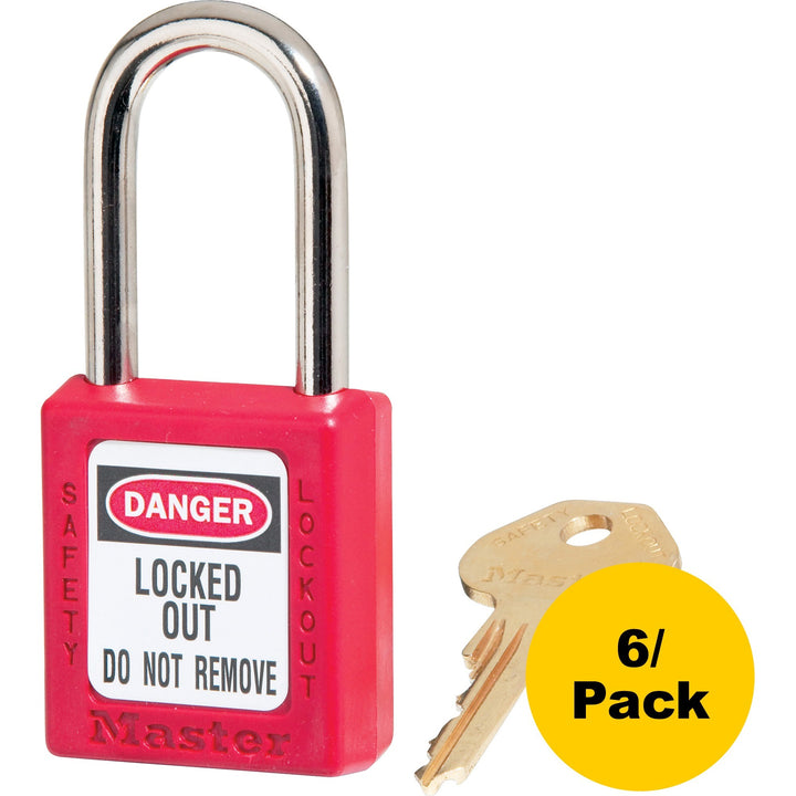 Image of Master Lock Company Safety Padlock, Labeled, 1/4"Dx1-1/2"H Shackle, 6/PK, Red