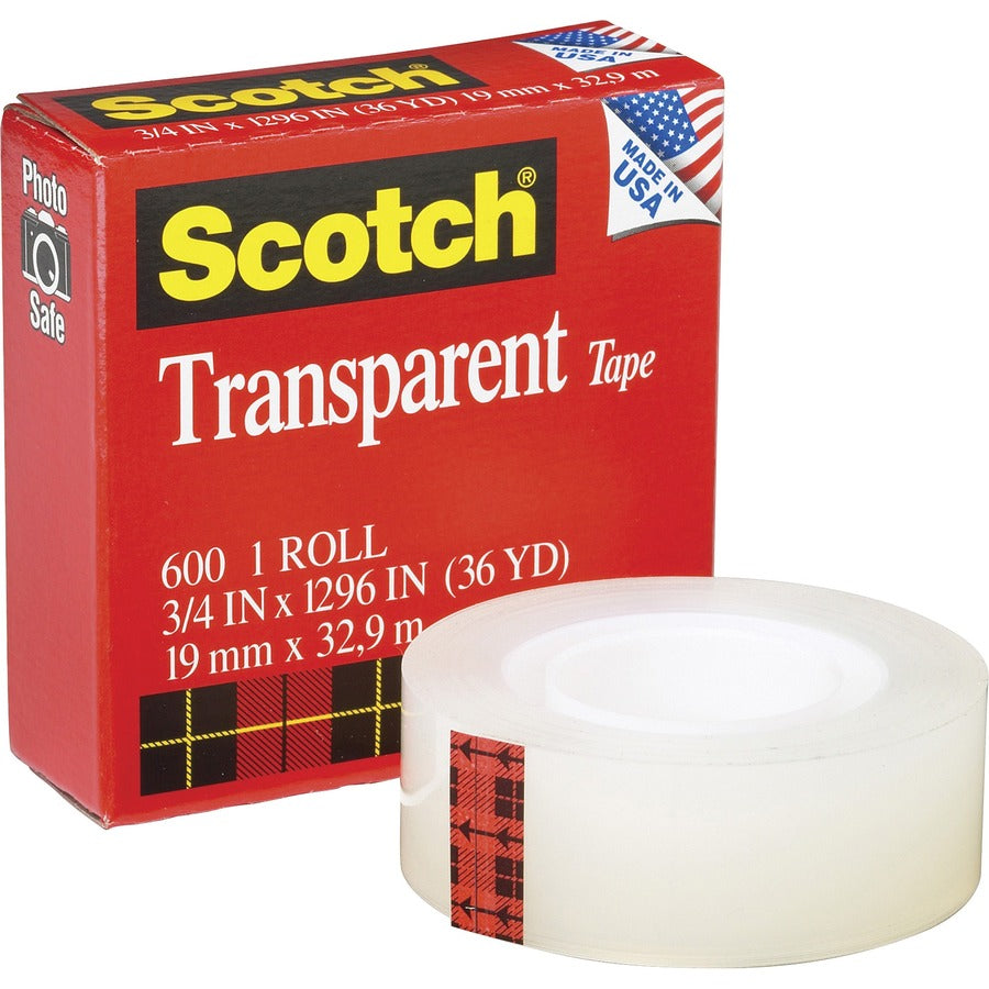 Image of 3M Transparent Tape, 1" Core, 12 Rolls/PK, 3/4"x1296"
