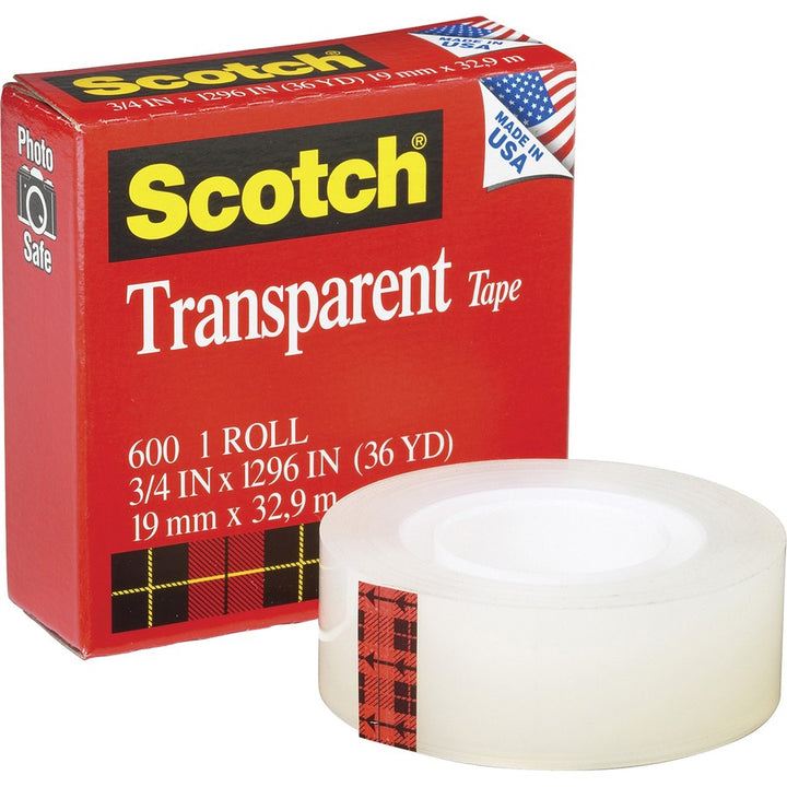Image of 3M Transparent Tape, 1" Core, 12 Rolls/PK, 3/4"x1296"