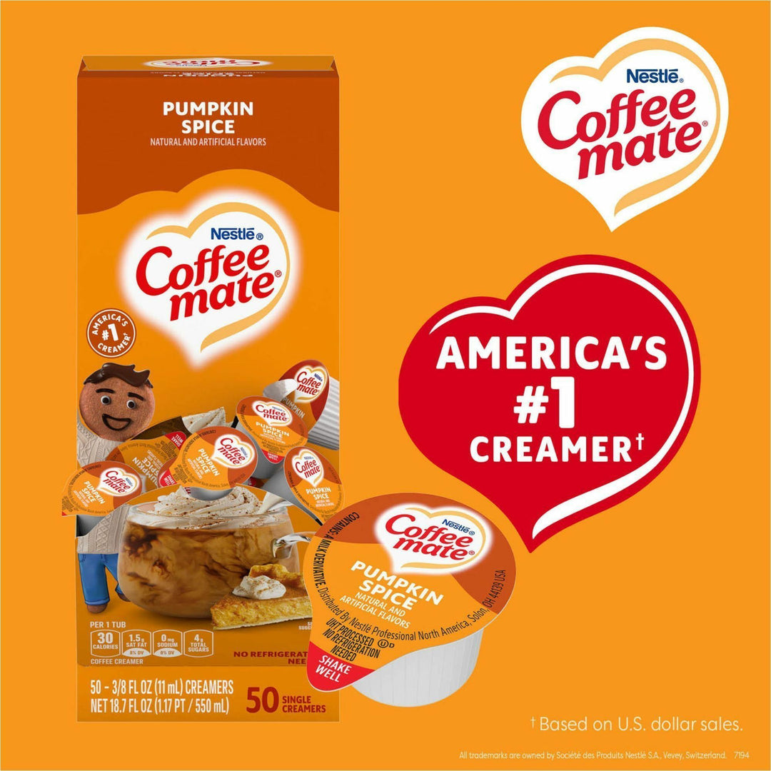 Image of Coffee mate 75520CT Pumpkin Spice Nondairy Liquid Creamer Singles, Pumpkin Spice Flavor, 0.38 fl oz (11 mL), 200 Serving, 50/Box, 4 / Carton
