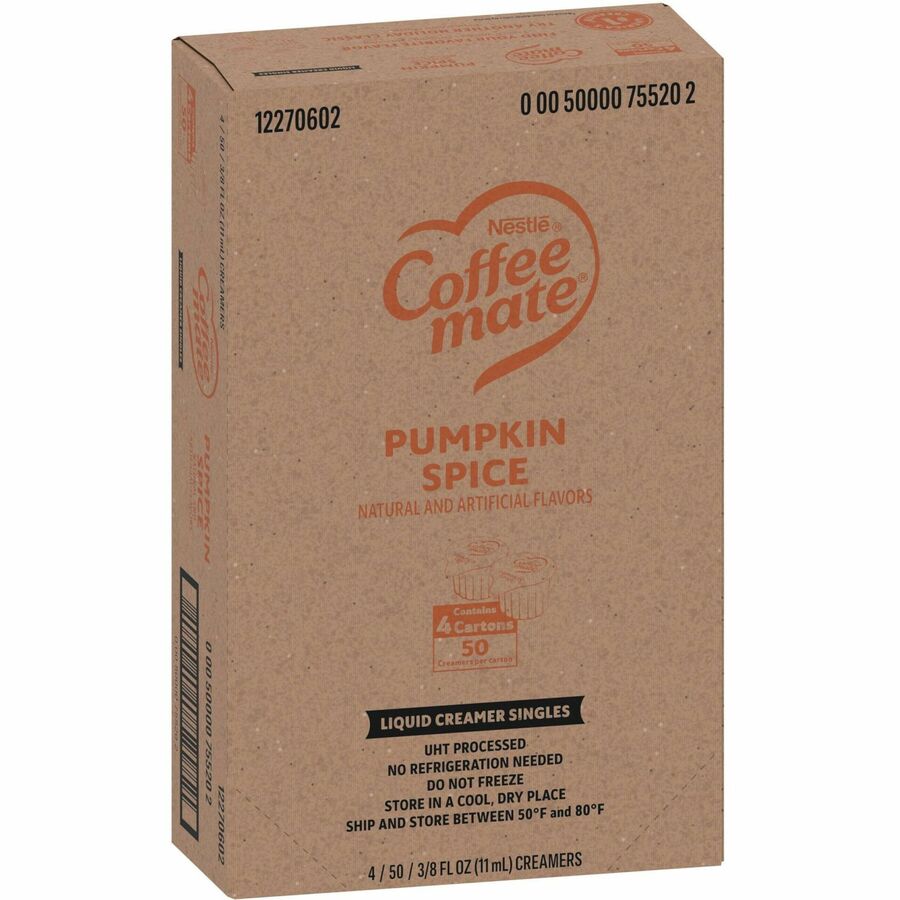Image of Coffee mate 75520CT Pumpkin Spice Nondairy Liquid Creamer Singles, Pumpkin Spice Flavor, 0.38 fl oz (11 mL), 200 Serving, 50/Box, 4 / Carton