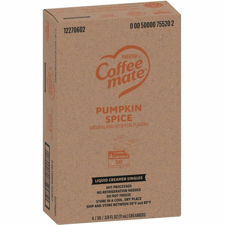Image of Coffee mate 75520CT Pumpkin Spice Nondairy Liquid Creamer Singles, Pumpkin Spice Flavor, 0.38 fl oz (11 mL), 200 Serving, 50/Box, 4 / Carton
