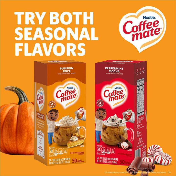 Image of Coffee mate 75520CT Pumpkin Spice Nondairy Liquid Creamer Singles, Pumpkin Spice Flavor, 0.38 fl oz (11 mL), 200 Serving, 50/Box, 4 / Carton