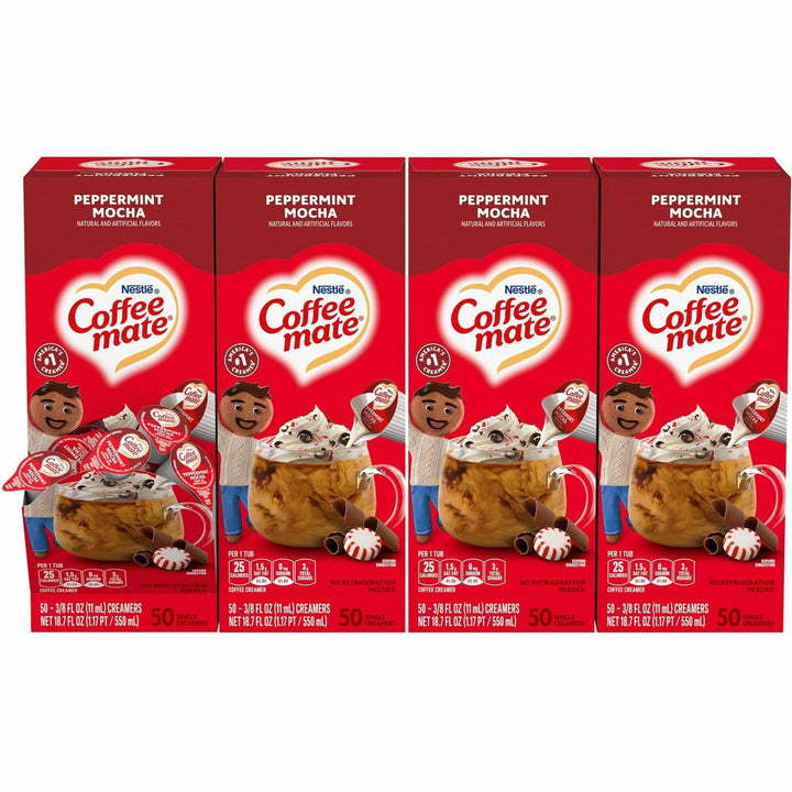 Image of Coffee mate 76060CT Peppermint Mocha Nondairy Liquid Creamer Singles, Peppermint Mocha Flavor, 0.38 fl oz (11 mL), 200 Serving, 50/Box, 4 / Carton