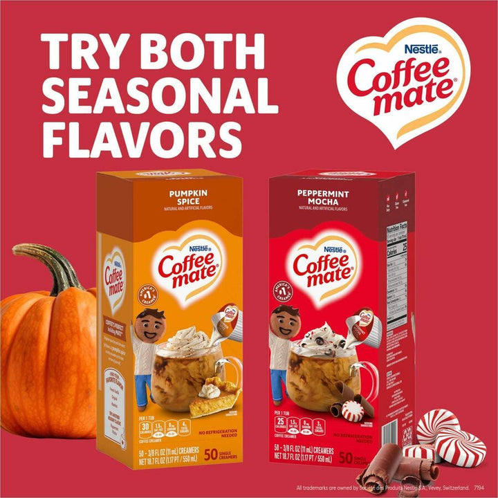 Image of Coffee mate 76060CT Peppermint Mocha Nondairy Liquid Creamer Singles, Peppermint Mocha Flavor, 0.38 fl oz (11 mL), 200 Serving, 50/Box, 4 / Carton