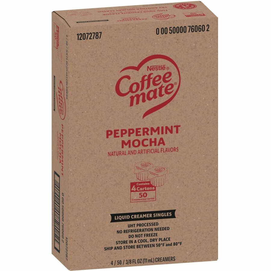 Image of Coffee mate 76060CT Peppermint Mocha Nondairy Liquid Creamer Singles, Peppermint Mocha Flavor, 0.38 fl oz (11 mL), 200 Serving, 50/Box, 4 / Carton