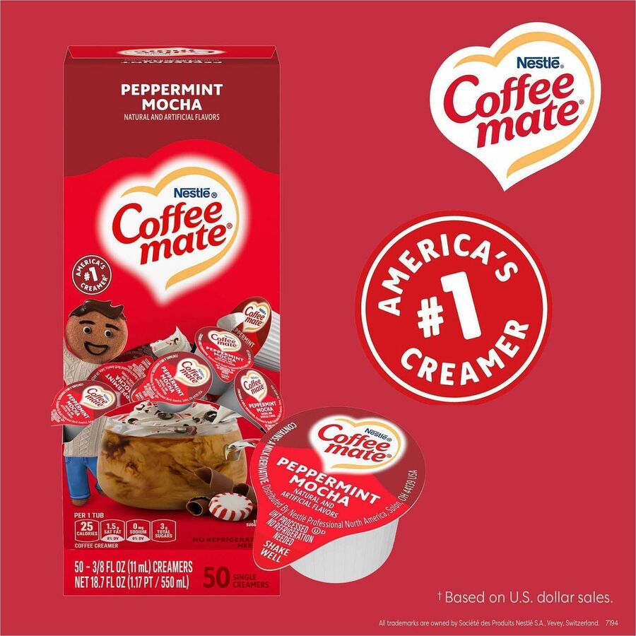 Image of Coffee mate 76060CT Peppermint Mocha Nondairy Liquid Creamer Singles, Peppermint Mocha Flavor, 0.38 fl oz (11 mL), 200 Serving, 50/Box, 4 / Carton