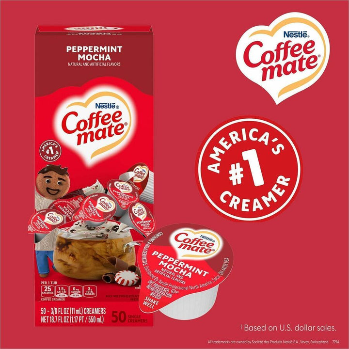 Image of Coffee mate 76060CT Peppermint Mocha Nondairy Liquid Creamer Singles, Peppermint Mocha Flavor, 0.38 fl oz (11 mL), 200 Serving, 50/Box, 4 / Carton