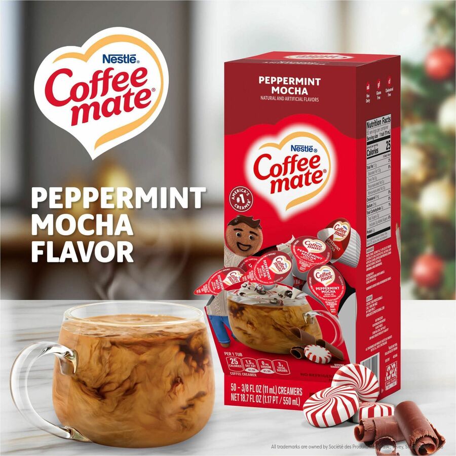 Image of Coffee mate 76060CT Peppermint Mocha Nondairy Liquid Creamer Singles, Peppermint Mocha Flavor, 0.38 fl oz (11 mL), 200 Serving, 50/Box, 4 / Carton