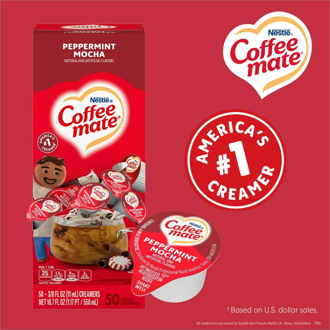 Image of Coffee mate 76060CT Peppermint Mocha Nondairy Liquid Creamer Singles, Peppermint Mocha Flavor, 0.38 fl oz (11 mL), 200 Serving, 50/Box, 4 / Carton