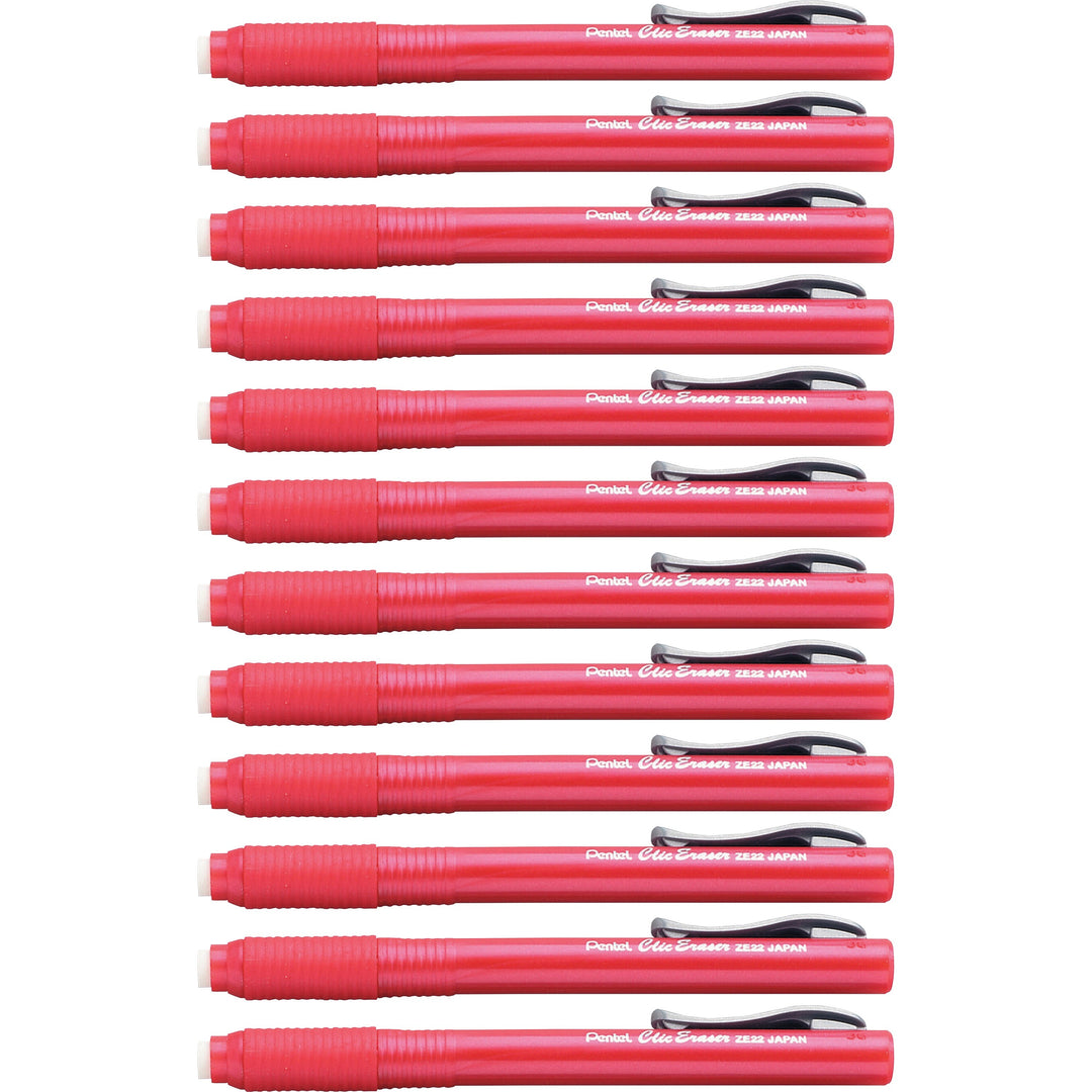 Image of Pentel® Clic Erasers, Retractable,Pocket Clip,12/BX, Red Barrel