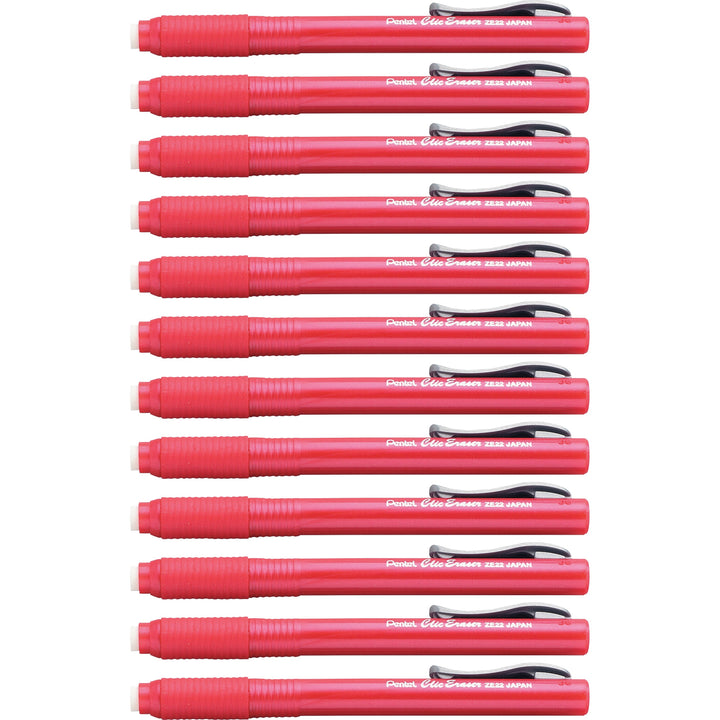 Image of Pentel® Clic Erasers, Retractable,Pocket Clip,12/BX, Red Barrel