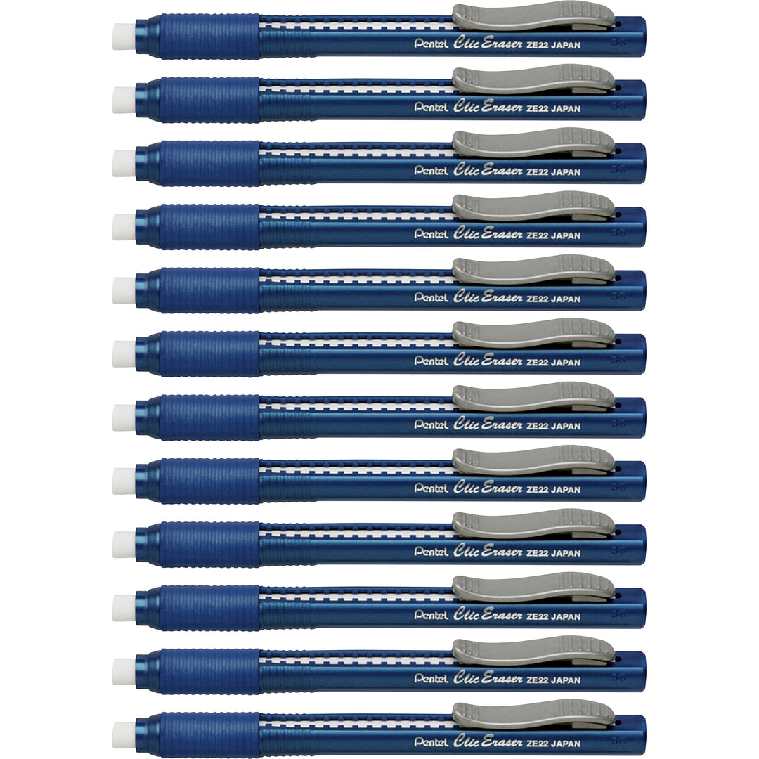 Image of Pentel® Clic Erasers, Retractable,Pocket Clip, 12/BX, Blue Barrel