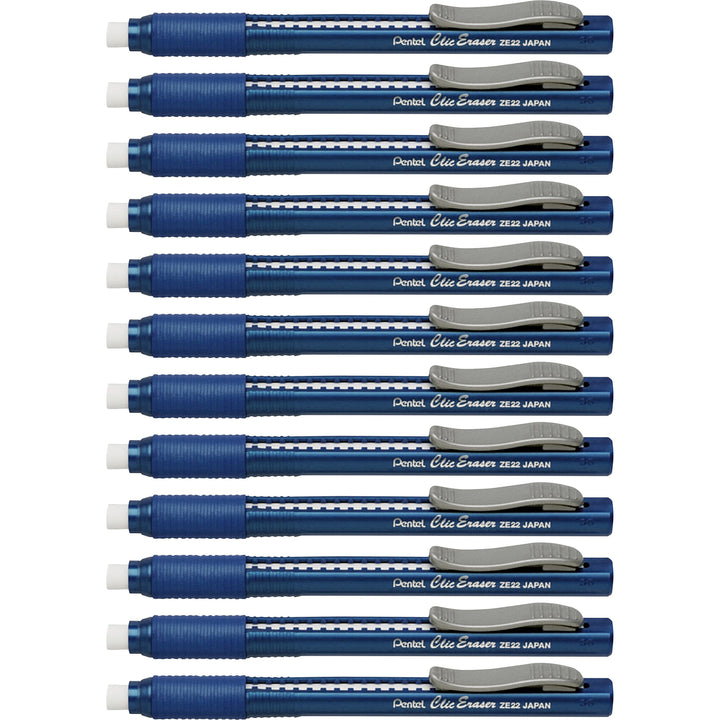 Image of Pentel® Clic Erasers, Retractable,Pocket Clip, 12/BX, Blue Barrel