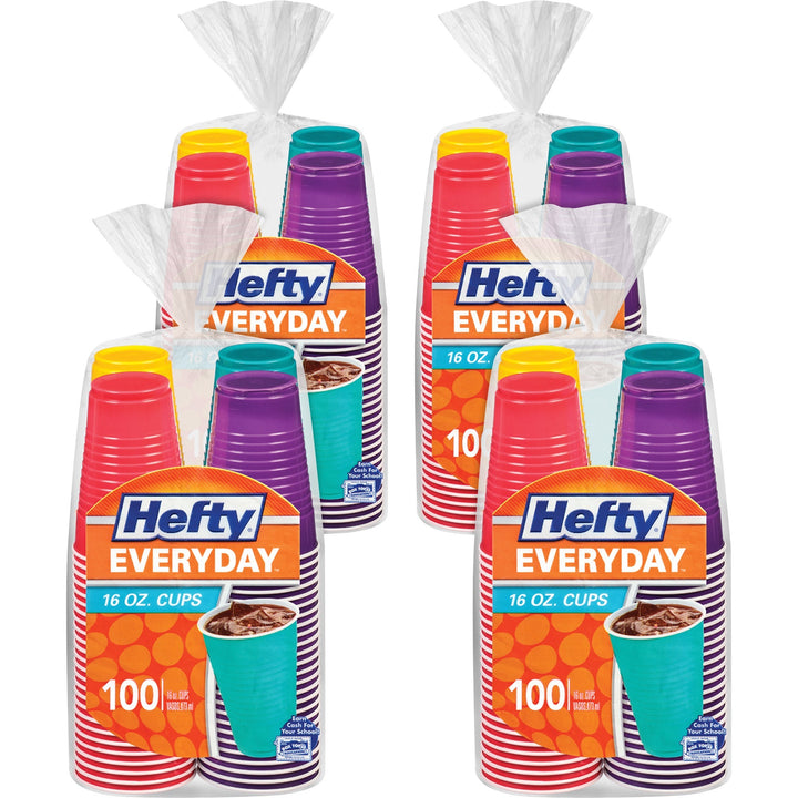 Image of Hefty® Easy Grip Disposable Plastic Party Cups, 16 Oz, Assorted Colors, 100/pack, 4 Packs/carton