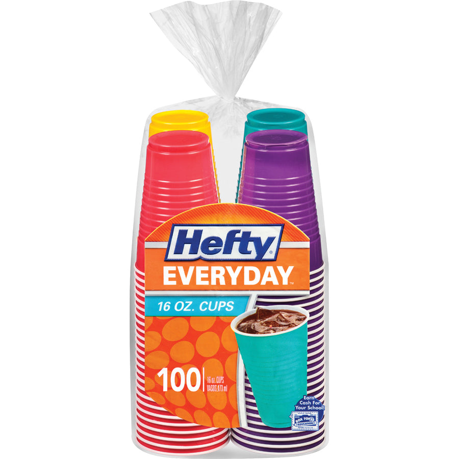 Image of Hefty® Easy Grip Disposable Plastic Party Cups, 16 Oz, Assorted Colors, 100/pack, 4 Packs/carton