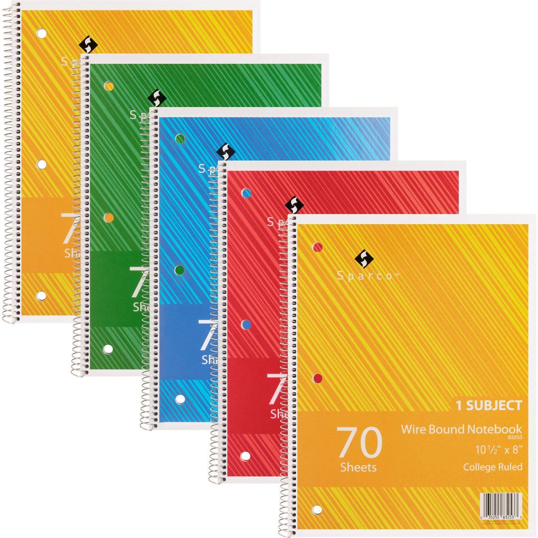 Image of Sparco Notebooks,1 Subject,10-1/2"x8",College Ruled,70 Sht,5/BD,AST