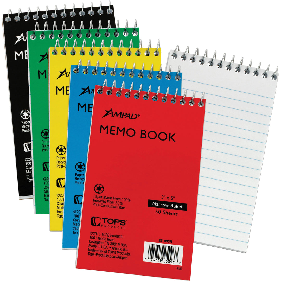 Image of Tops Memo Notebooks,Top Spiral,Narrow Rld,50 Shts,3"x5",5/BD, AST