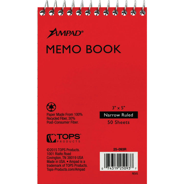 Image of Tops Memo Notebooks,Top Spiral,Narrow Rld,50 Shts,3"x5",5/BD, AST