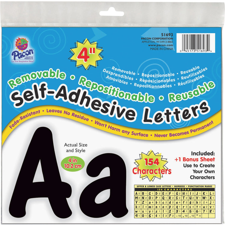 Image of Pacon® Self-Adhesive Letters, Repositionable, 4", 154/PK, Black