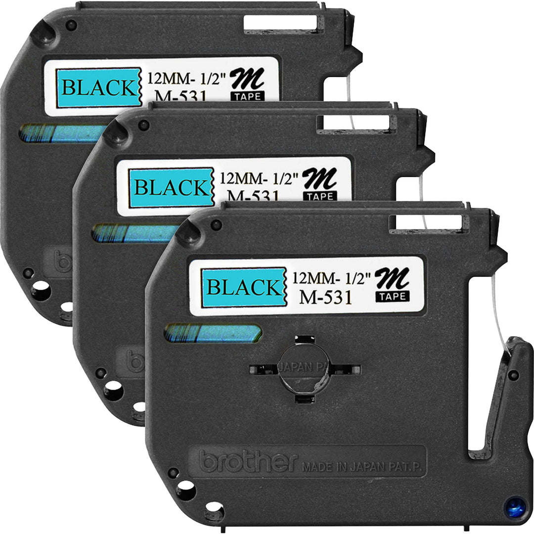 Image of P-touch M531BD P-touch Nonlaminated M Series Tape Cartridge, 1/2" W x 26 1/5 ft Length, Rectangle, Blue, Black, 3 / Bundle