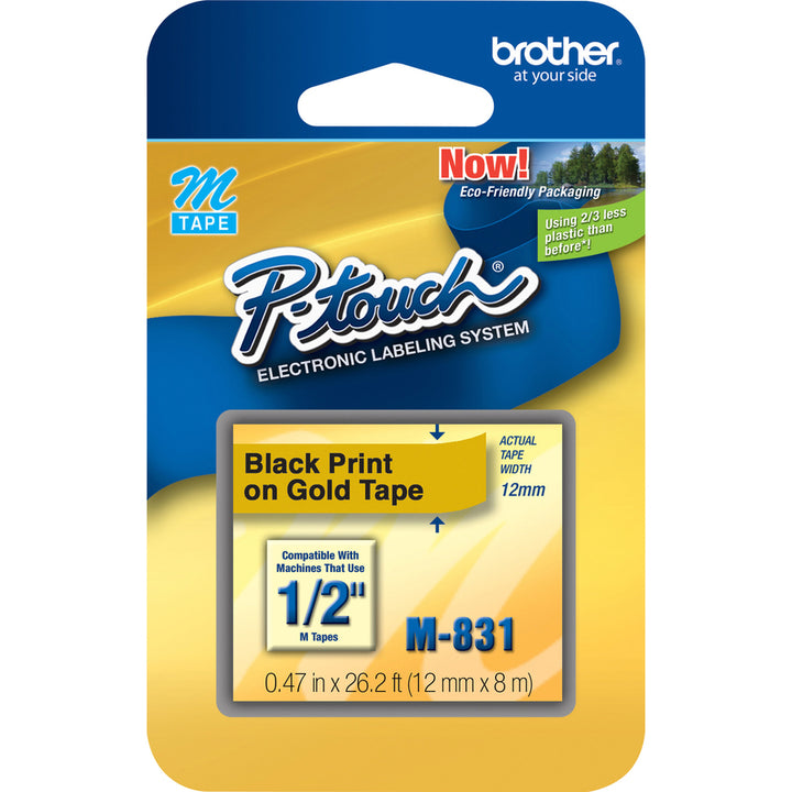 Image of P-touch M831BD P-touch Nonlaminated M Series Tape Cartridge, 1/2" Width, Rectangle, Black, Gold, 3 / Bundle