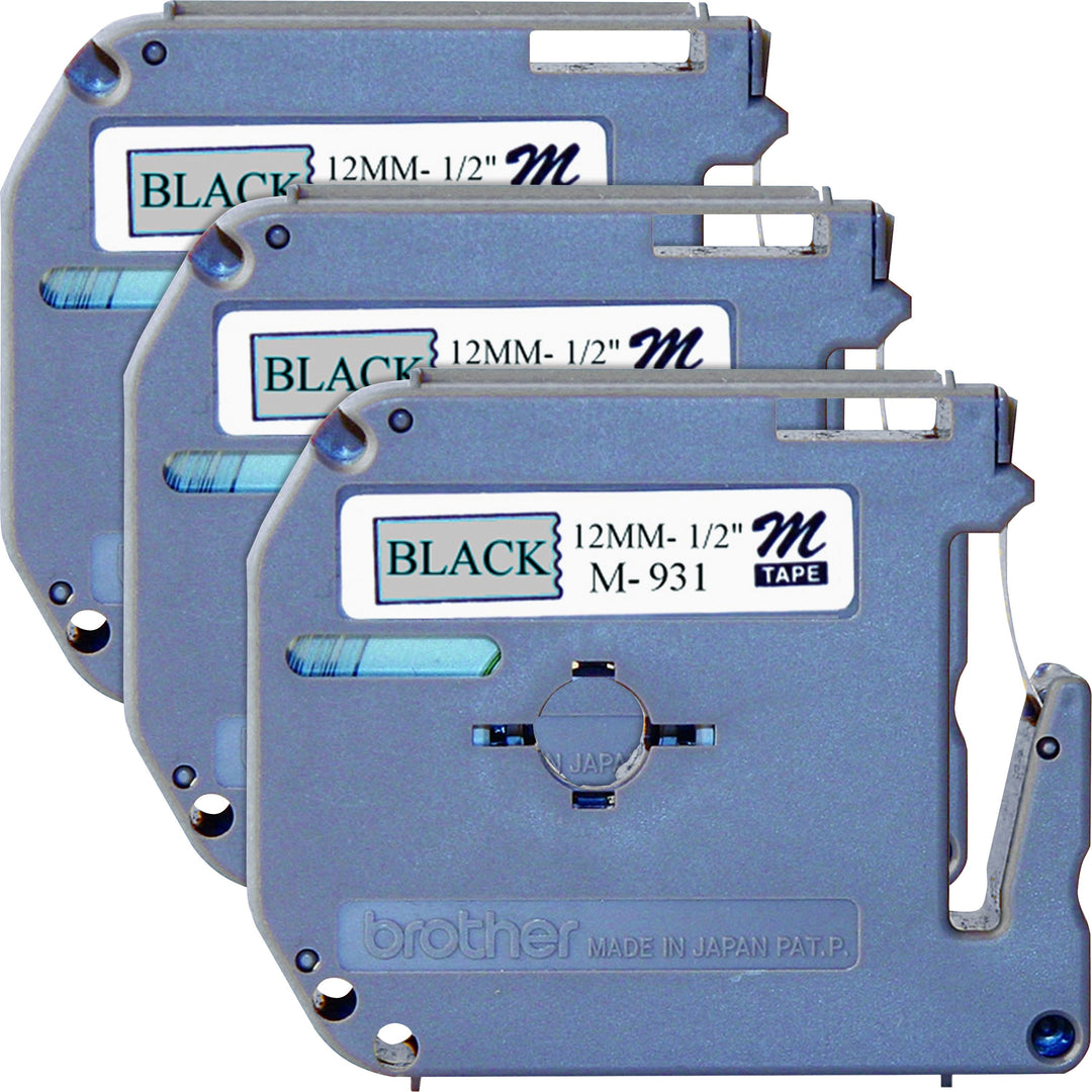 Image of P-touch M931BD P-touch Nonlaminated M Series Tape Cartridge, 1/2" Width, Rectangle, Direct Thermal, Silver, Black, 3 / Bundle