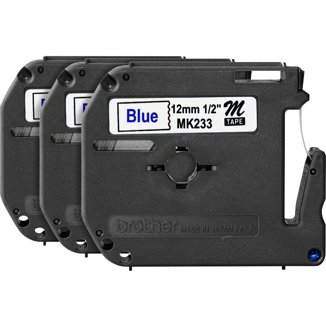 Image of P-touch MK233BD P-touch Nonlaminated M Series Tape Cartridge, 1/2" W x 26 1/5" Length, Rectangle, Direct Thermal, White, 3 / Bundle