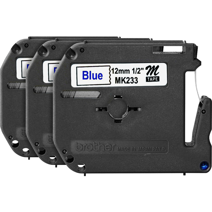 Image of P-touch MK233BD P-touch Nonlaminated M Series Tape Cartridge, 1/2" W x 26 1/5" Length, Rectangle, Direct Thermal, White, 3 / Bundle