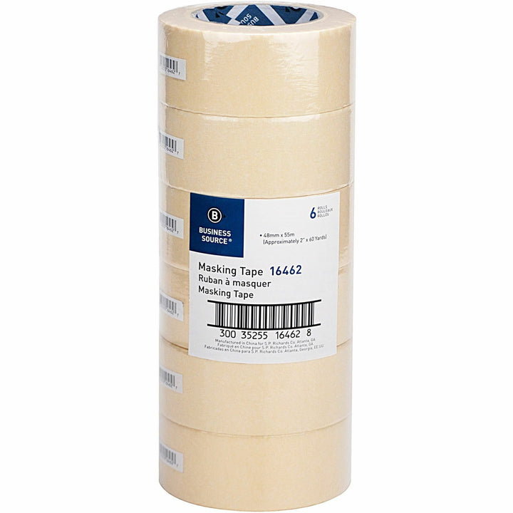 Image of Business Source Masking Tape, 3" Core, 2"x60 Yds, 6 Rolls/PK, Natural Kraft