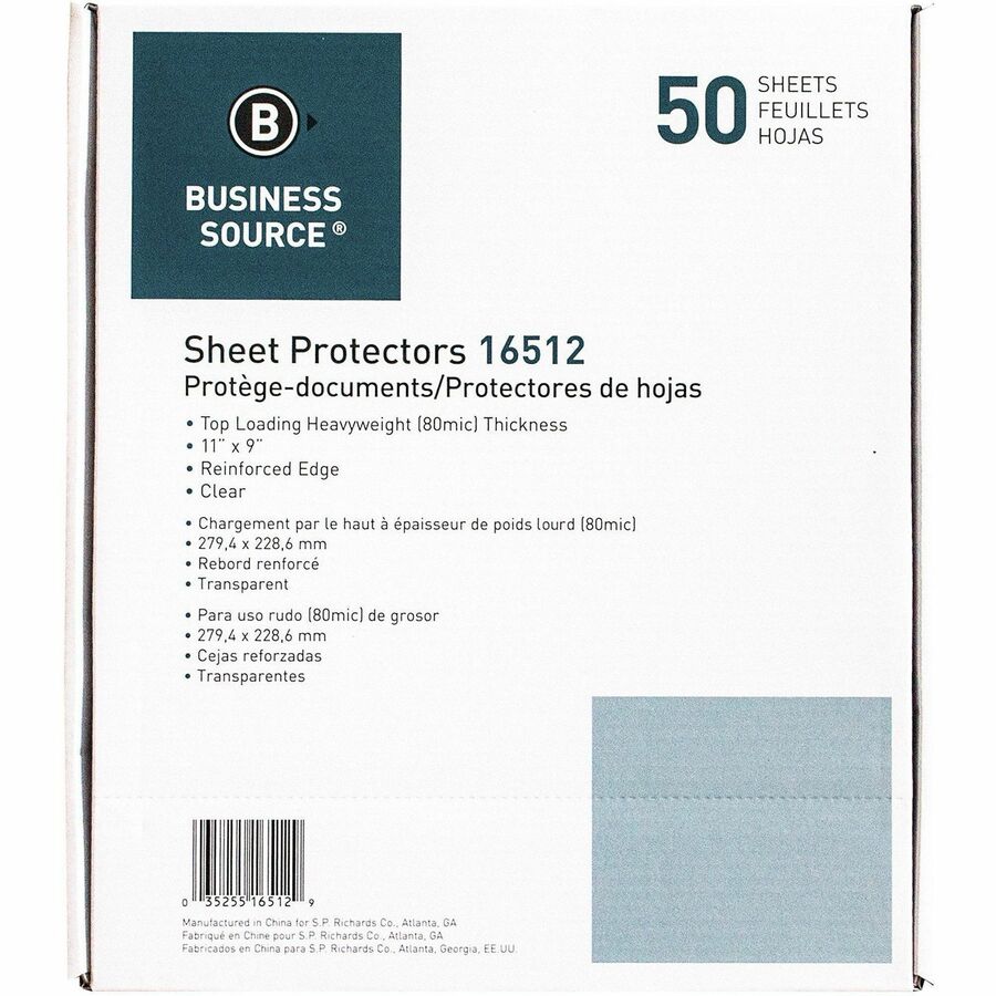 Image of Business Source Sheet Protectors,Top Load,3.3 mil,11"x8-1/2",50/BX,5BX/BD,CL
