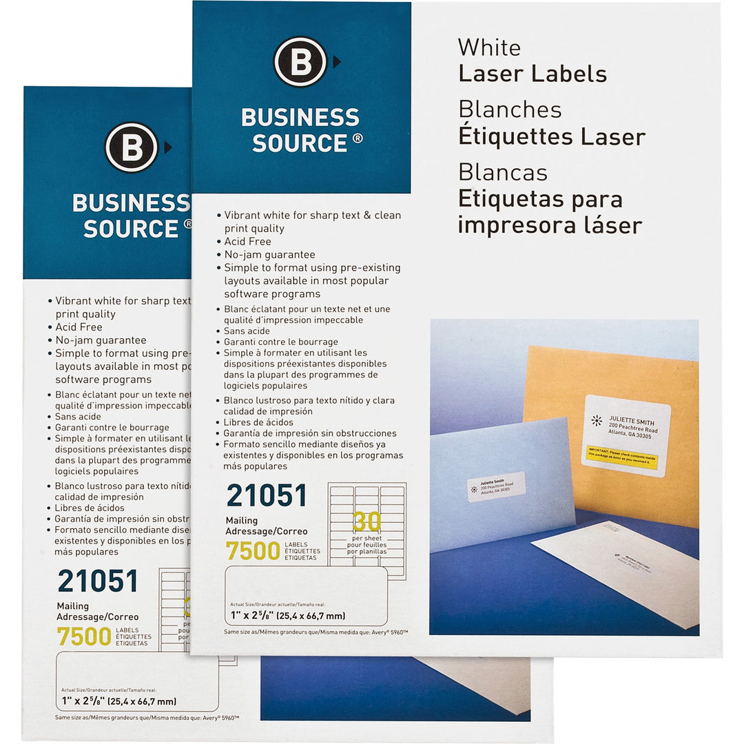 Image of Business Source Mailing Labels, Laser/Inkjet, 1"x2-5/8",7500/PK,2PK/CT,WE