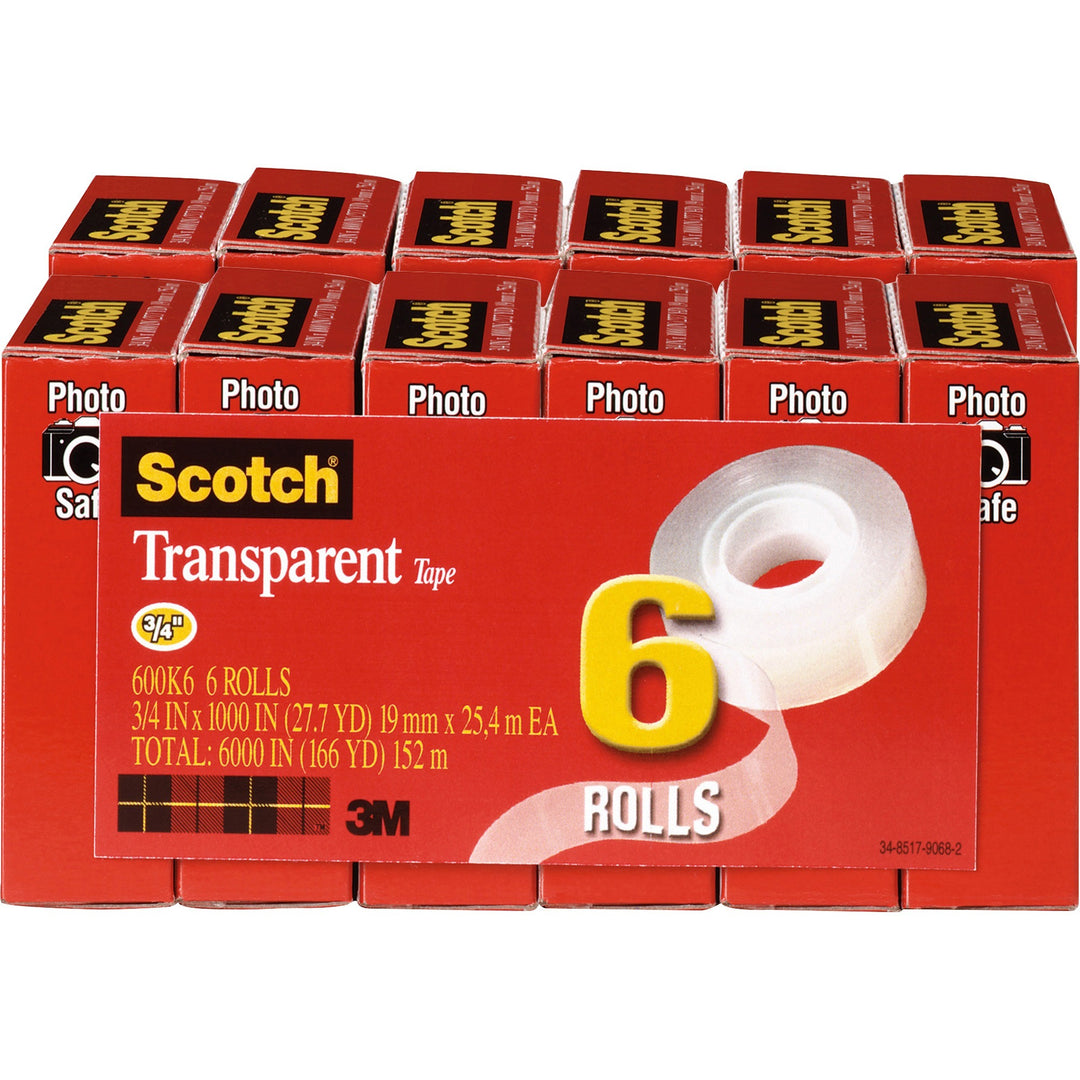 Image of 3M Transparent Tape, Refill, 1" Core, 3/4"x1000", 12 Rolls/BD
