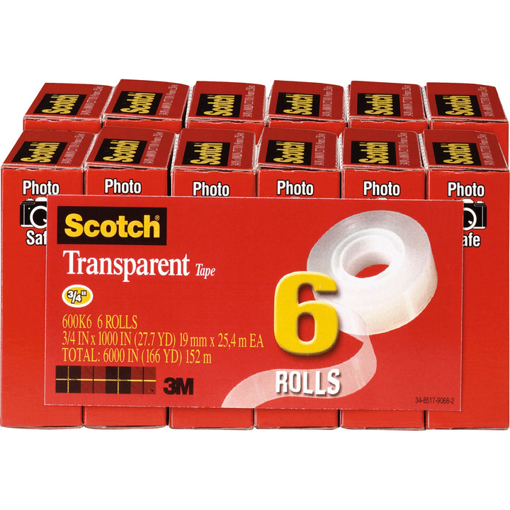 Image of 3M Transparent Tape, Refill, 1" Core, 3/4"x1000", 12 Rolls/BD